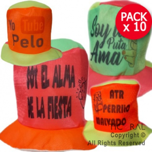 SOMBRERO GALERA FLUO IMPRESO Y CON FRASES SURTIDAS COLORES SURTIDOS x 10 UNIDADES